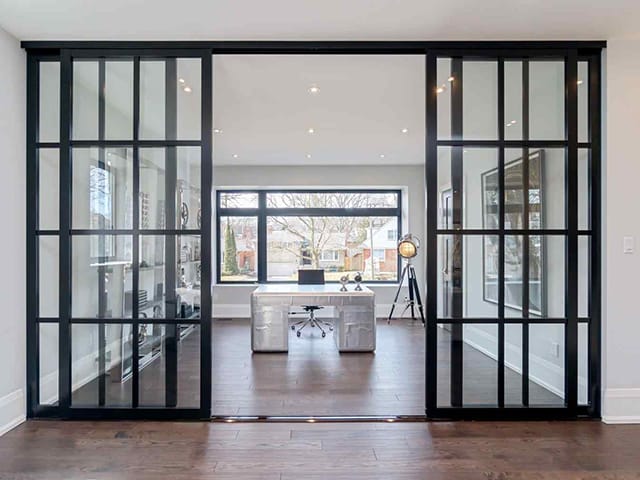 4-Door-Room-Divider-Home-Office-Black-Frame-Clear-Glass-Continental-Design-Double-Track